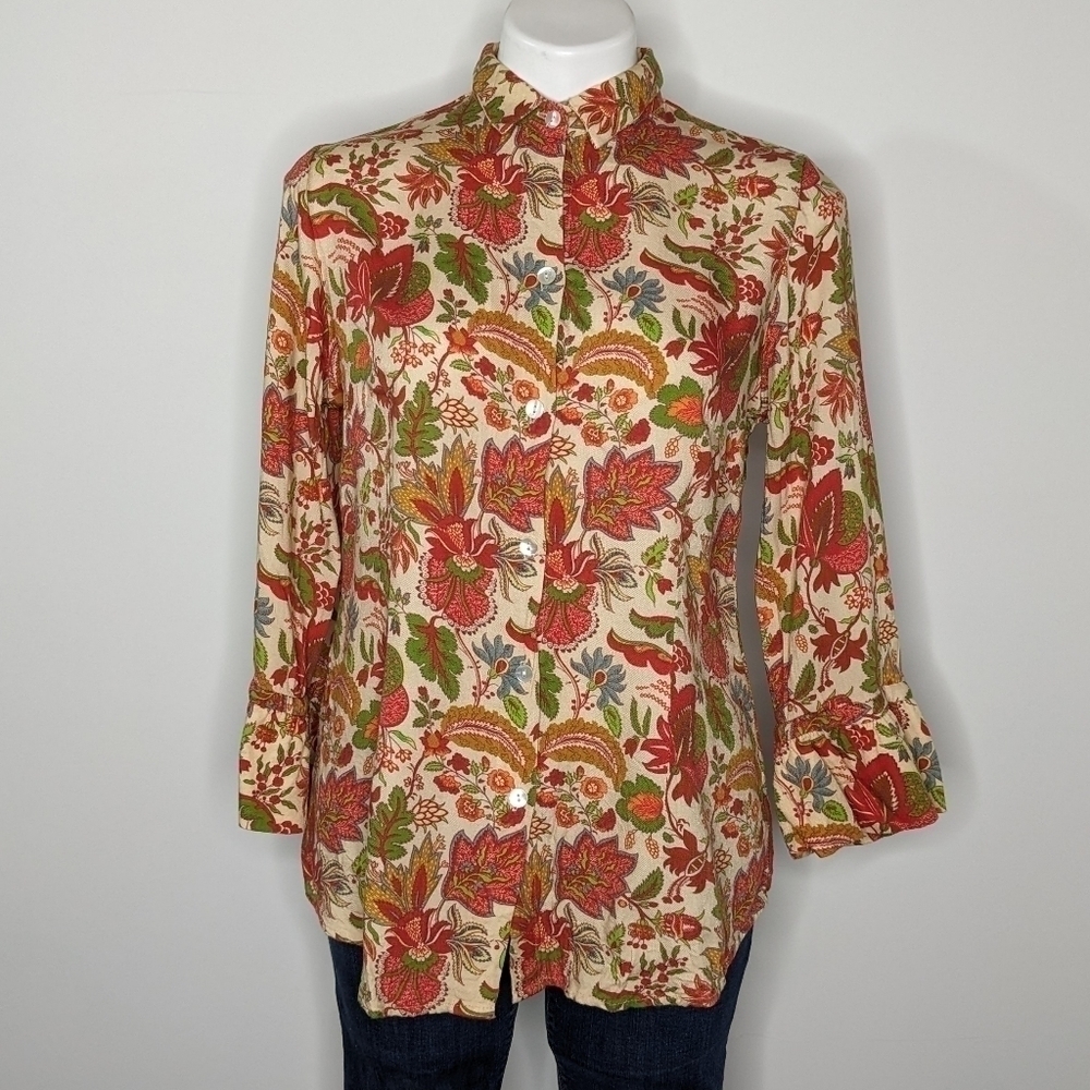 Gretchen Scott red & green flannel bell sleeve button up M